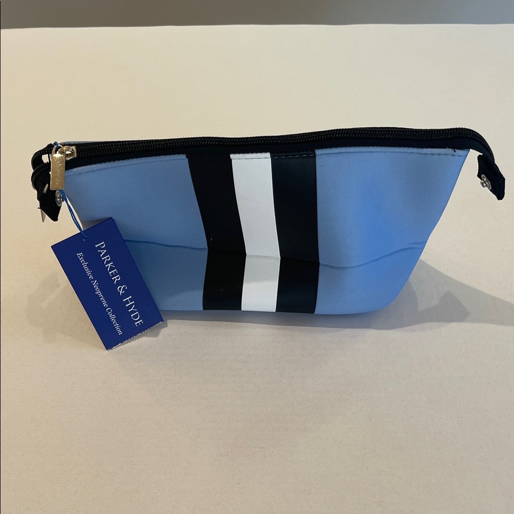 Parker & Hyde Blue Black Striped Neoprene Pouch NWT Cosmetic Travel Bag Zip